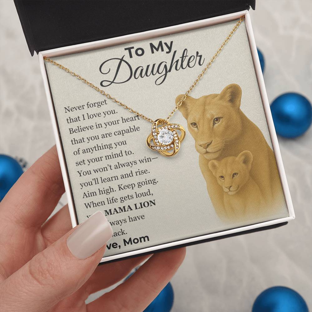 Love Knot Necklace, Silver & Gold, Mama Lion Message Card, Gift From Mom