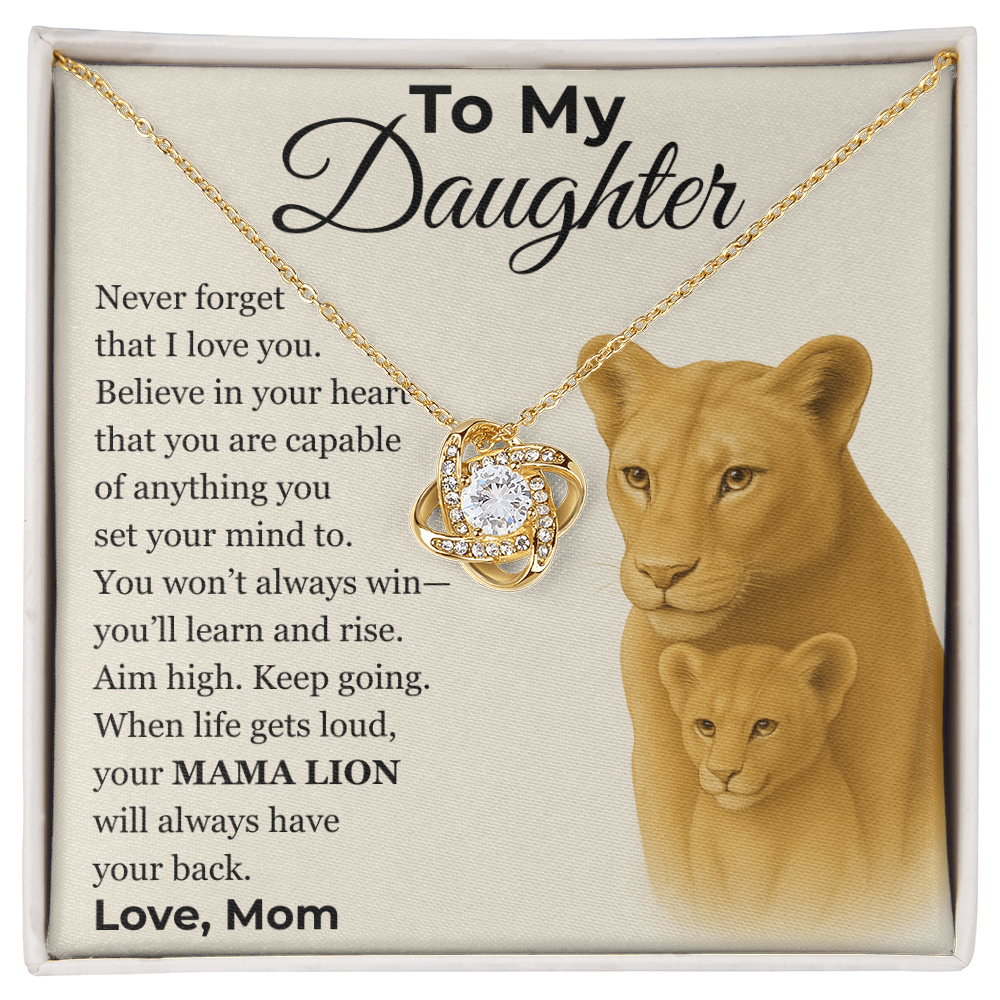 Love Knot Necklace, Silver & Gold, Mama Lion Message Card, Gift From Mom