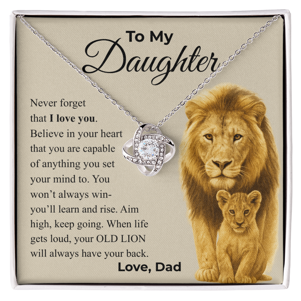 Daughter Love Knot Necklace – “Old Lion” Message Card From Dad