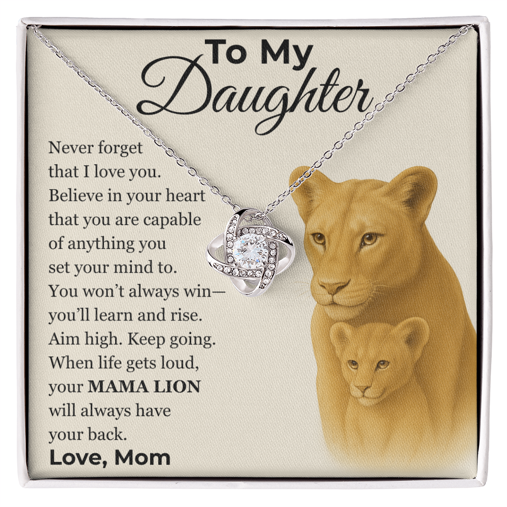 Love Knot Necklace, Silver & Gold, Mama Lion Message Card, Gift From Mom