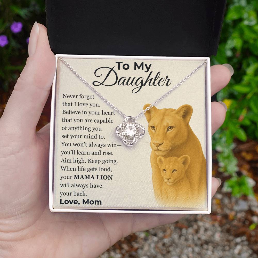 Love Knot Necklace, Silver & Gold, Mama Lion Message Card, Gift From Mom