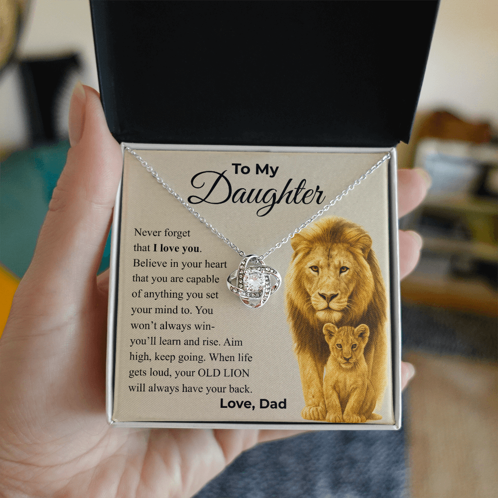Daughter Love Knot Necklace – “Old Lion” Message Card From Dad