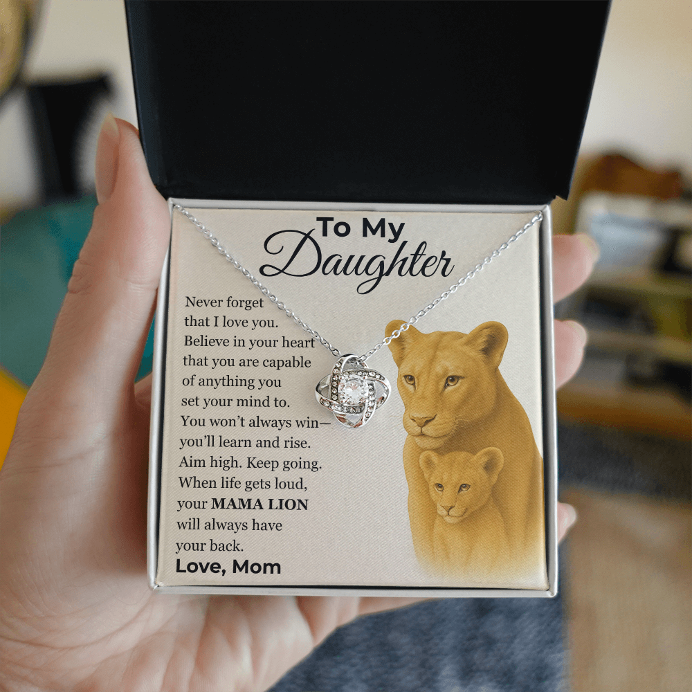 Love Knot Necklace, Silver & Gold, Mama Lion Message Card, Gift From Mom