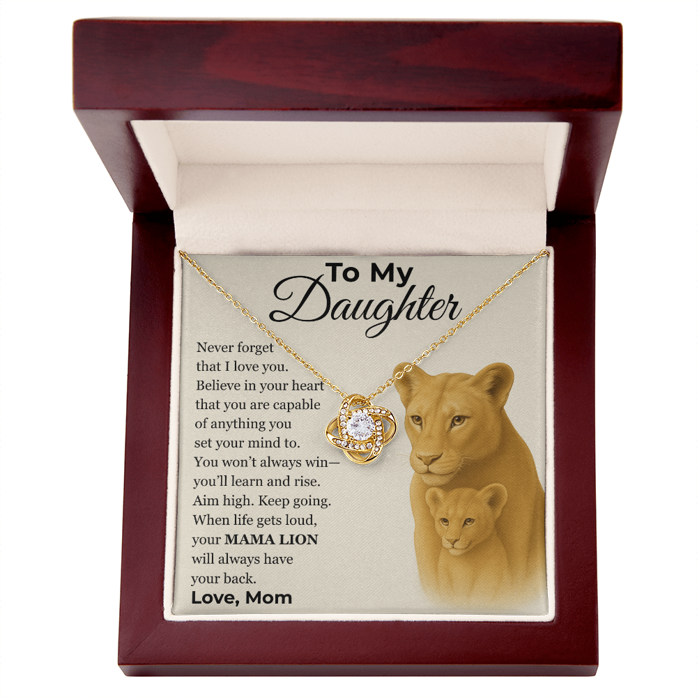Love Knot Necklace, Silver & Gold, Mama Lion Message Card, Gift From Mom