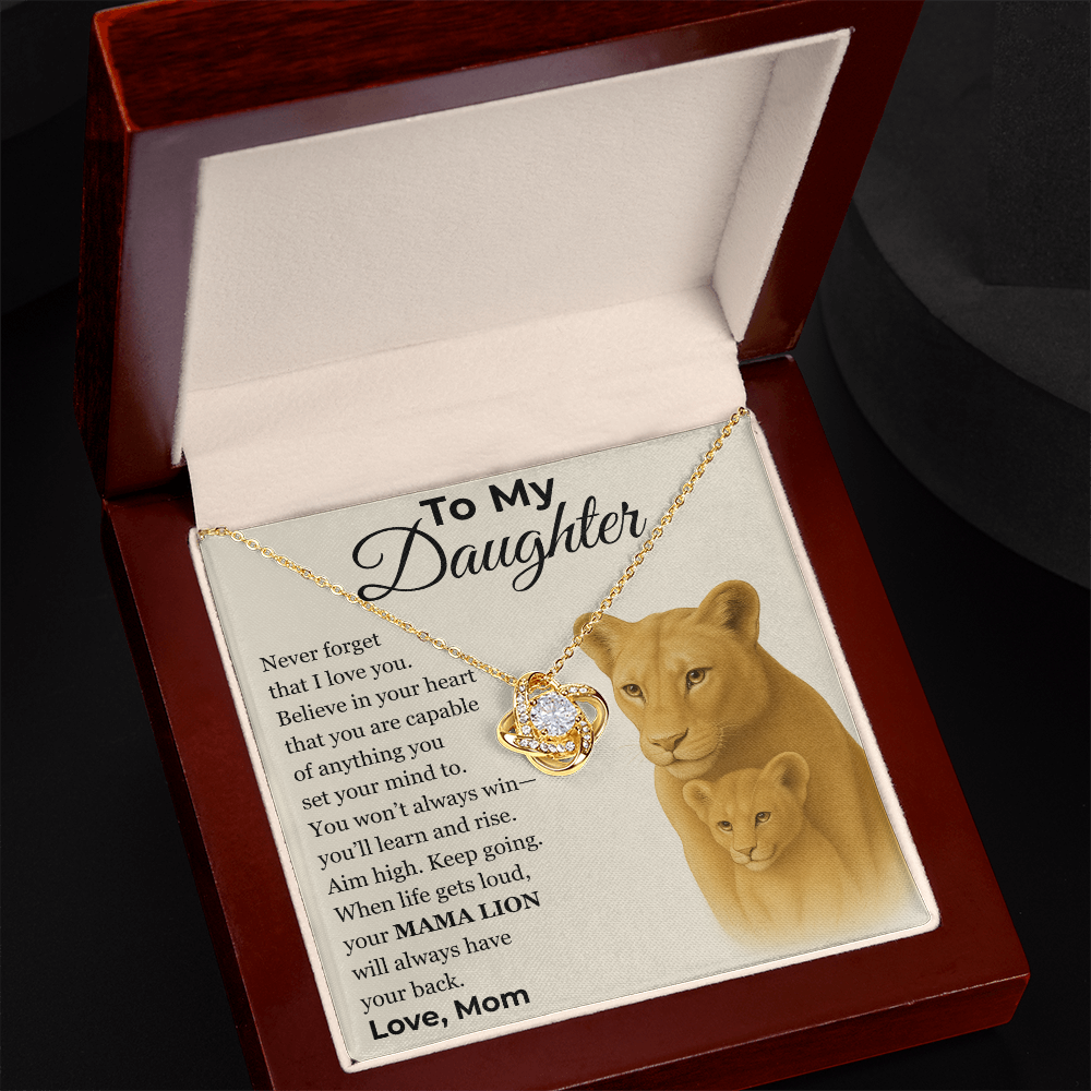 Love Knot Necklace, Silver & Gold, Mama Lion Message Card, Gift From Mom