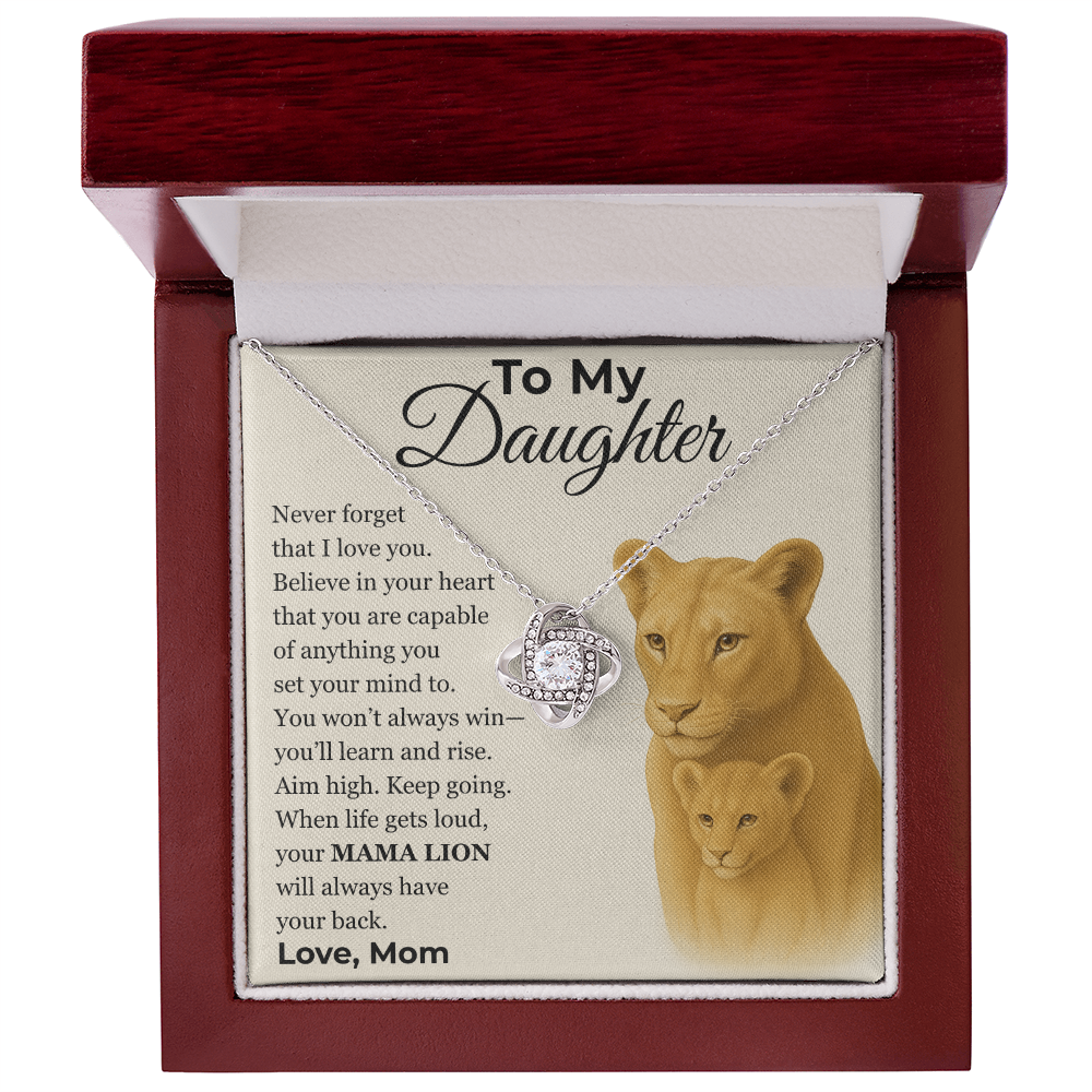 Love Knot Necklace, Silver & Gold, Mama Lion Message Card, Gift From Mom