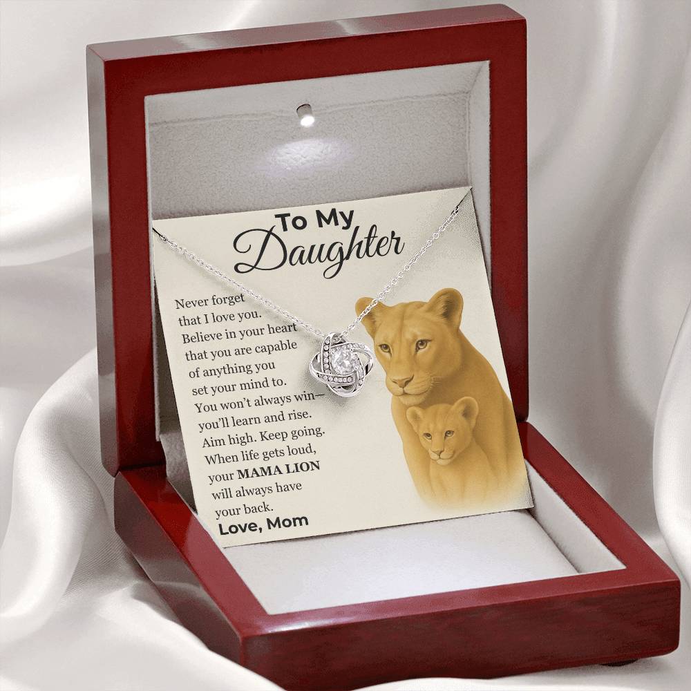 Love Knot Necklace, Silver & Gold, Mama Lion Message Card, Gift From Mom